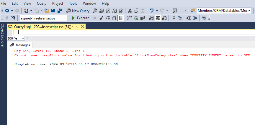 Learn how to fix the “Cannot Insert Explicit Value for Identity Column” error in SQL Server using the IDENTITY_INSERT option. Detailed explanations and examples included.